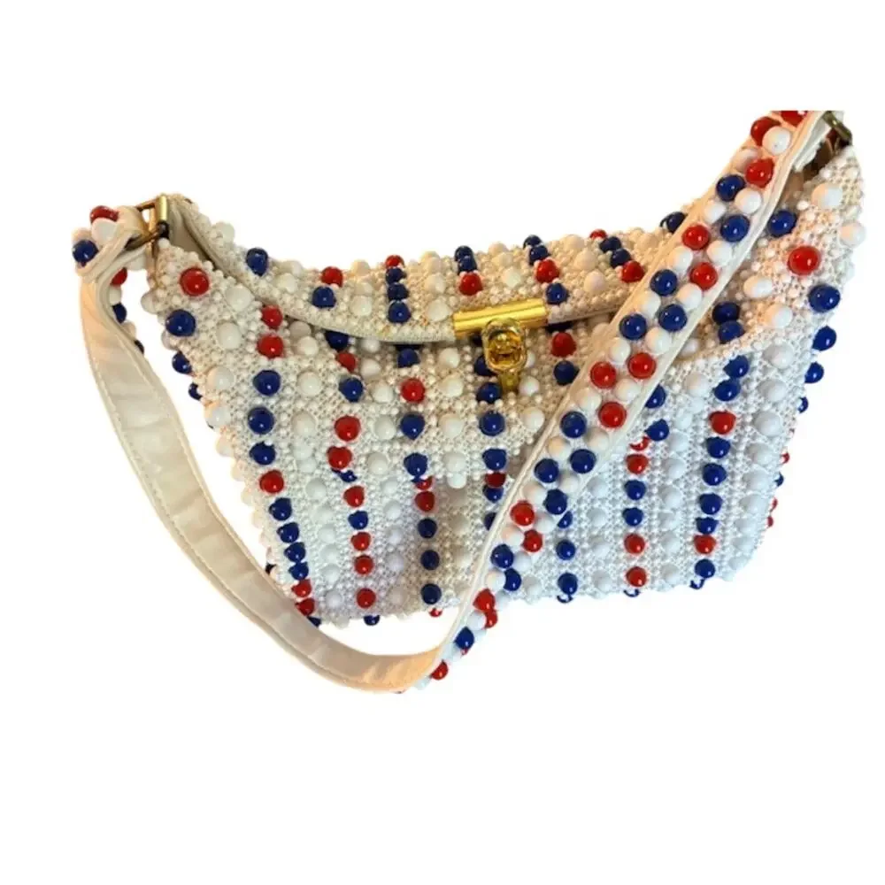 Vintage Lumured Bead Flower Purse New without Tags Red White Blue USA Celebrate‎
